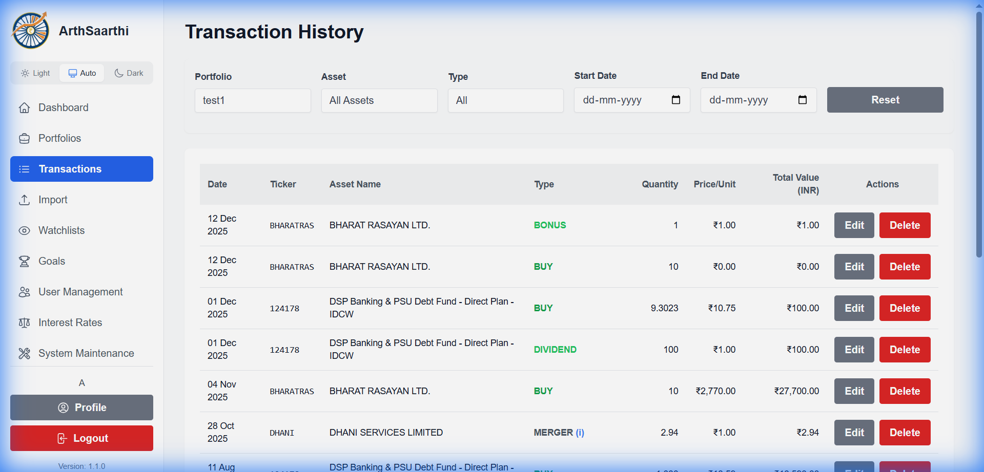 Transactions History